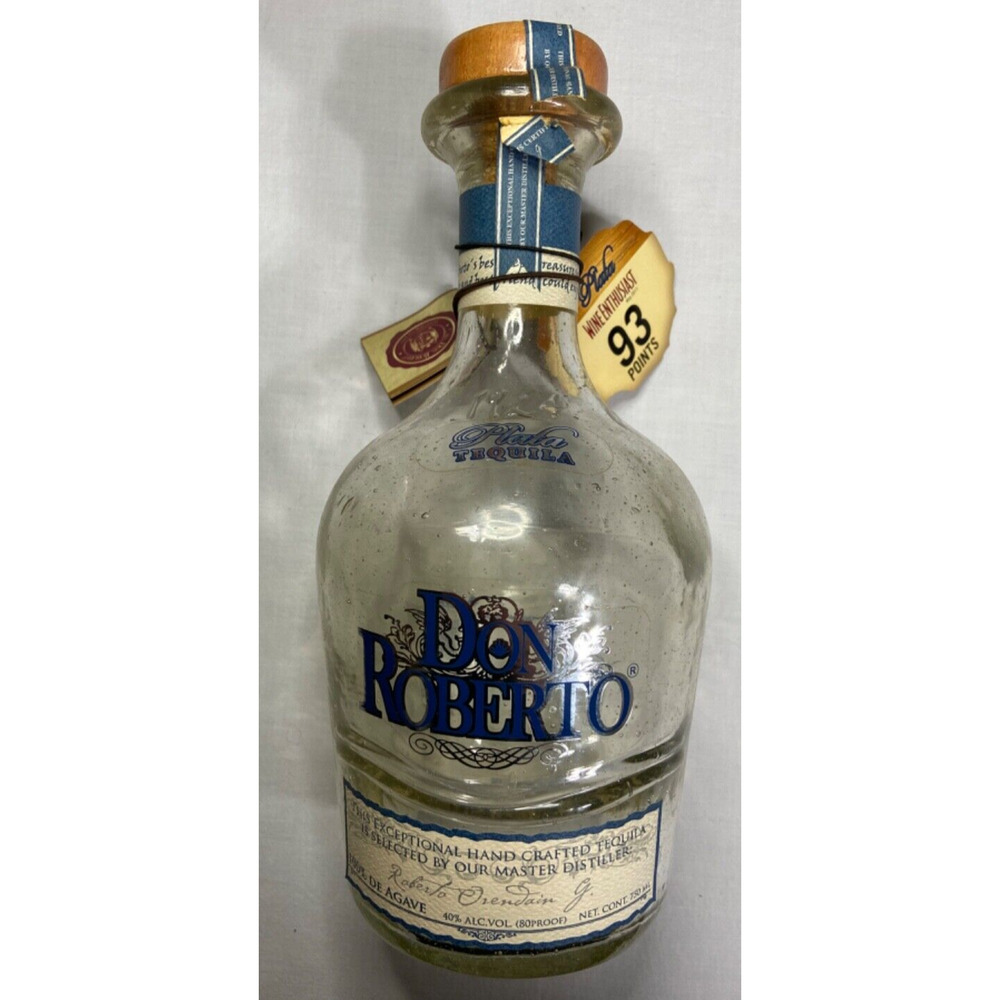 Don Roberto Plata Tequila Bottle Rounded Bubble Glass EMPTY Retro Blue Label